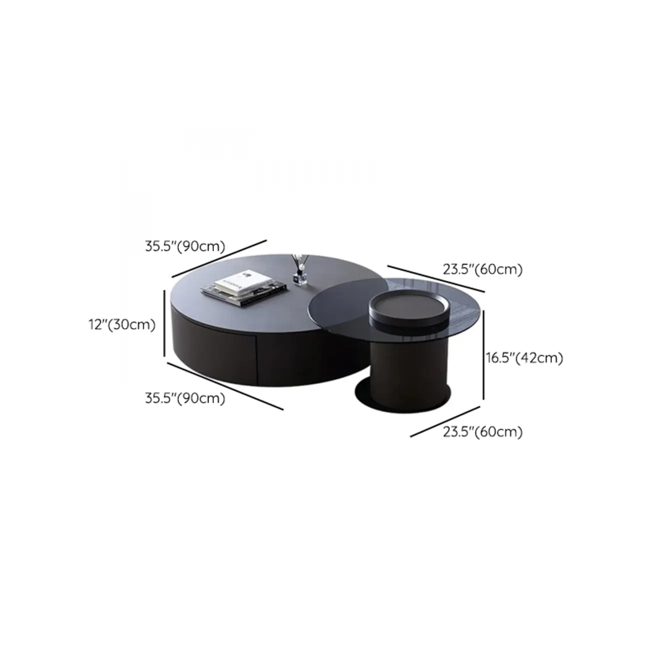  Modern Black Round Top Nesting Coffee Table with Storage #size | homeyfad