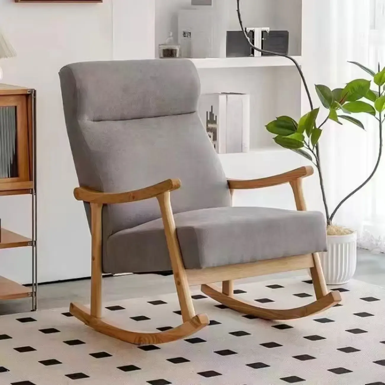 Modern Wood Upholstered Rocking Chair with Optional Ottoman Image - 2