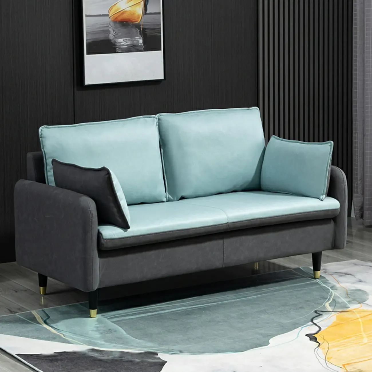 Minimalist Upholstery Loveseat Sofa in Mint Green with Pillows Image - 7