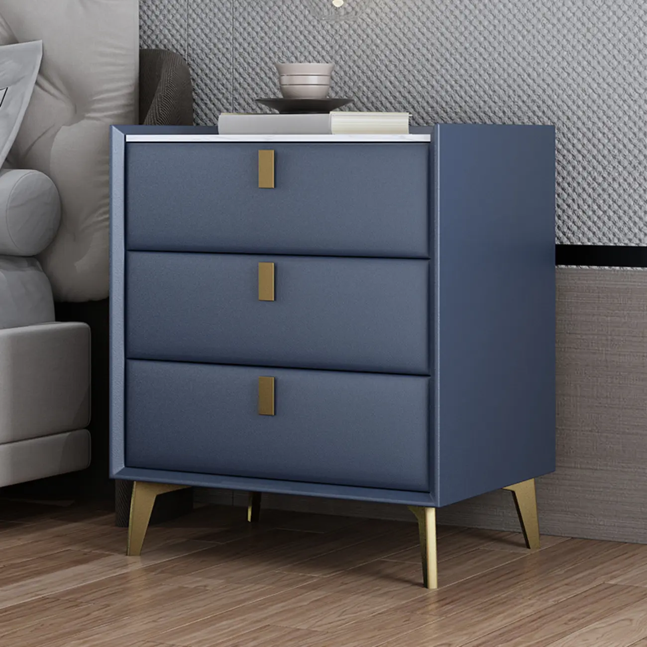 Modern Gray Bedside Table with Stone Countertop 3 Drawers Image - 9 | homeyfad