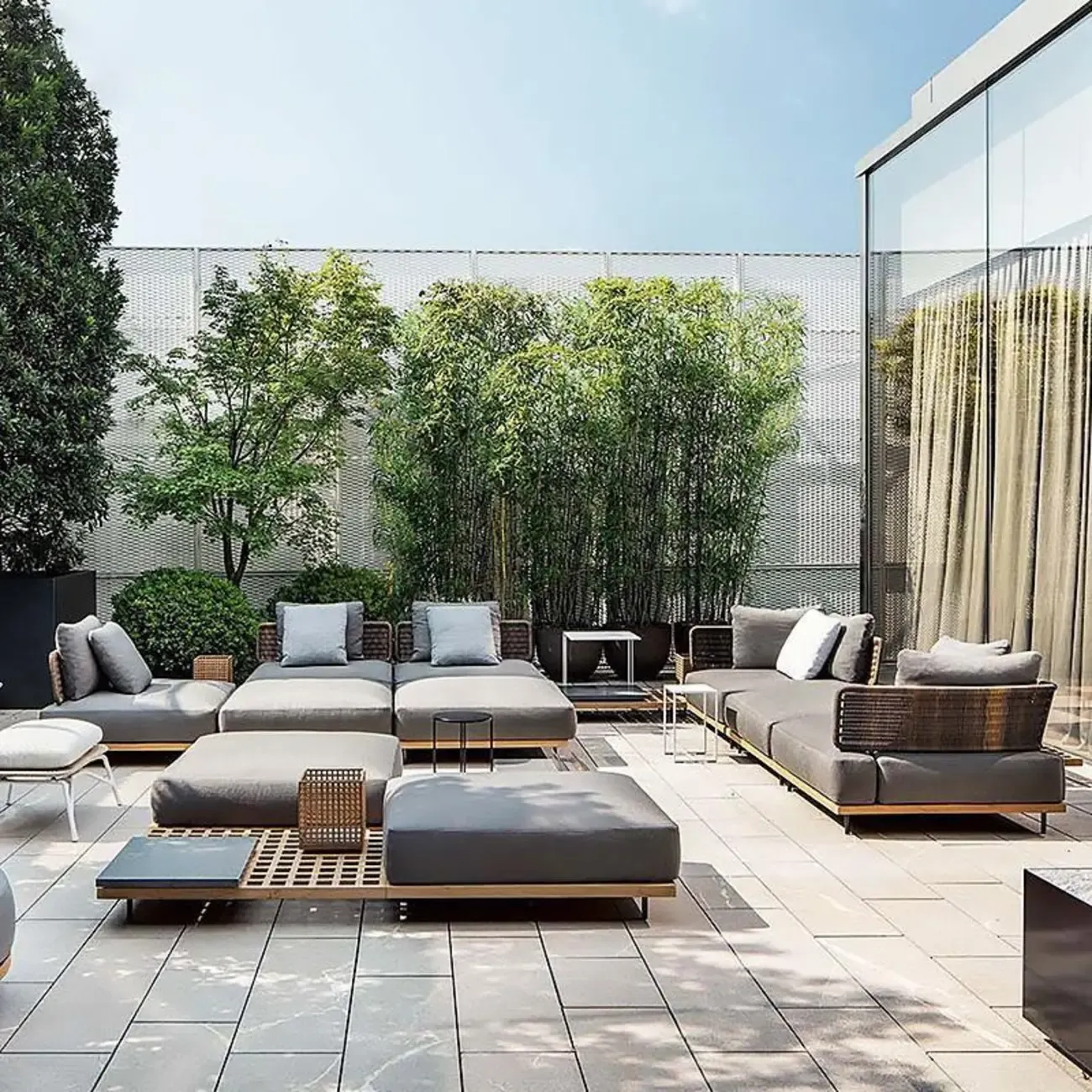 Modern Rattan WeavingOutdoor Sofa with Wood Base Image - 1