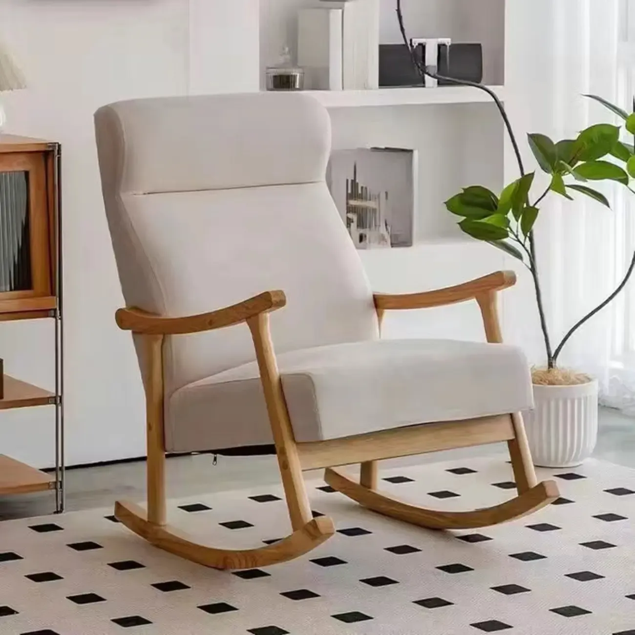 Modern Wood Upholstered Rocking Chair with Optional Ottoman Image - 4
