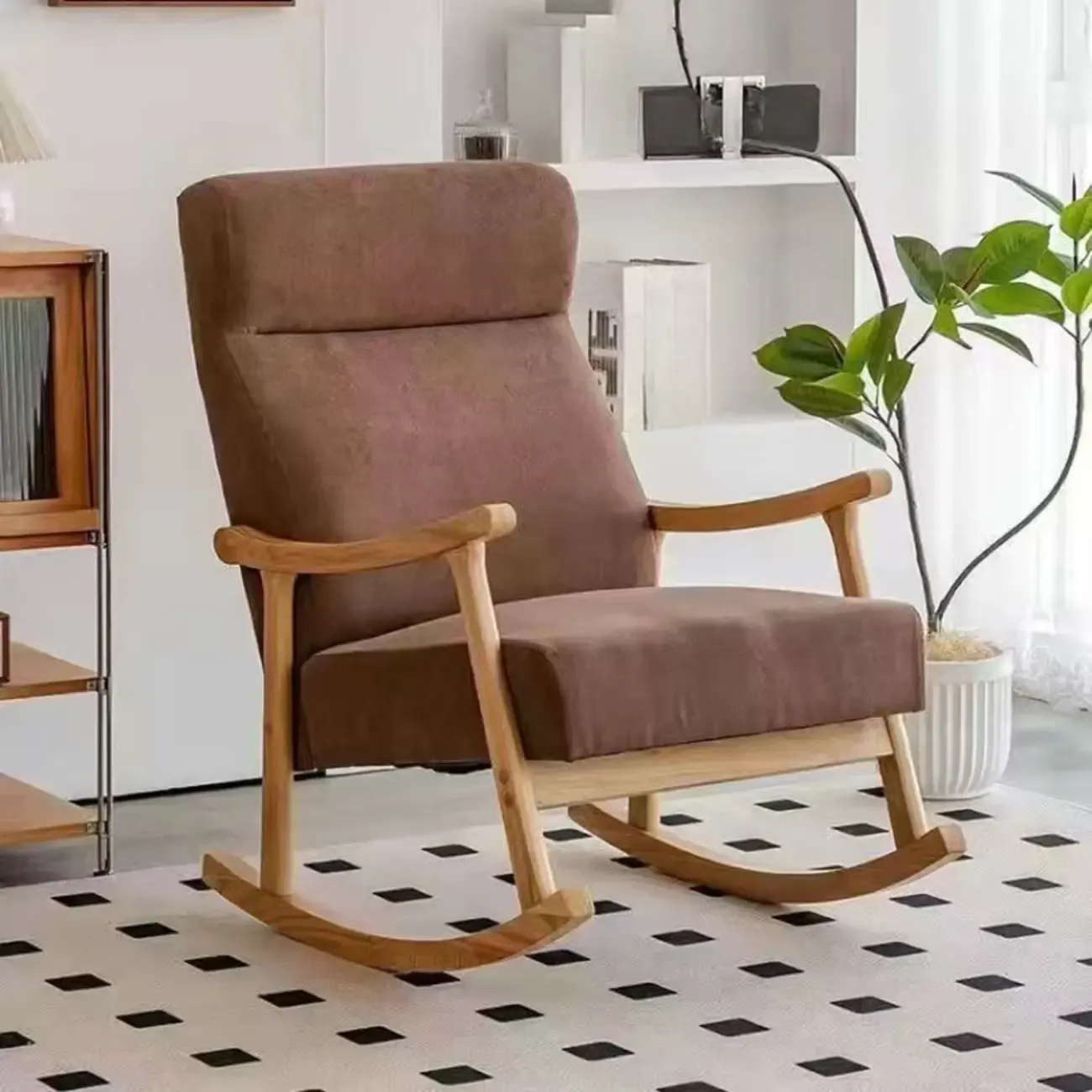 Modern Wood Upholstered Rocking Chair with Optional Ottoman Image - 5