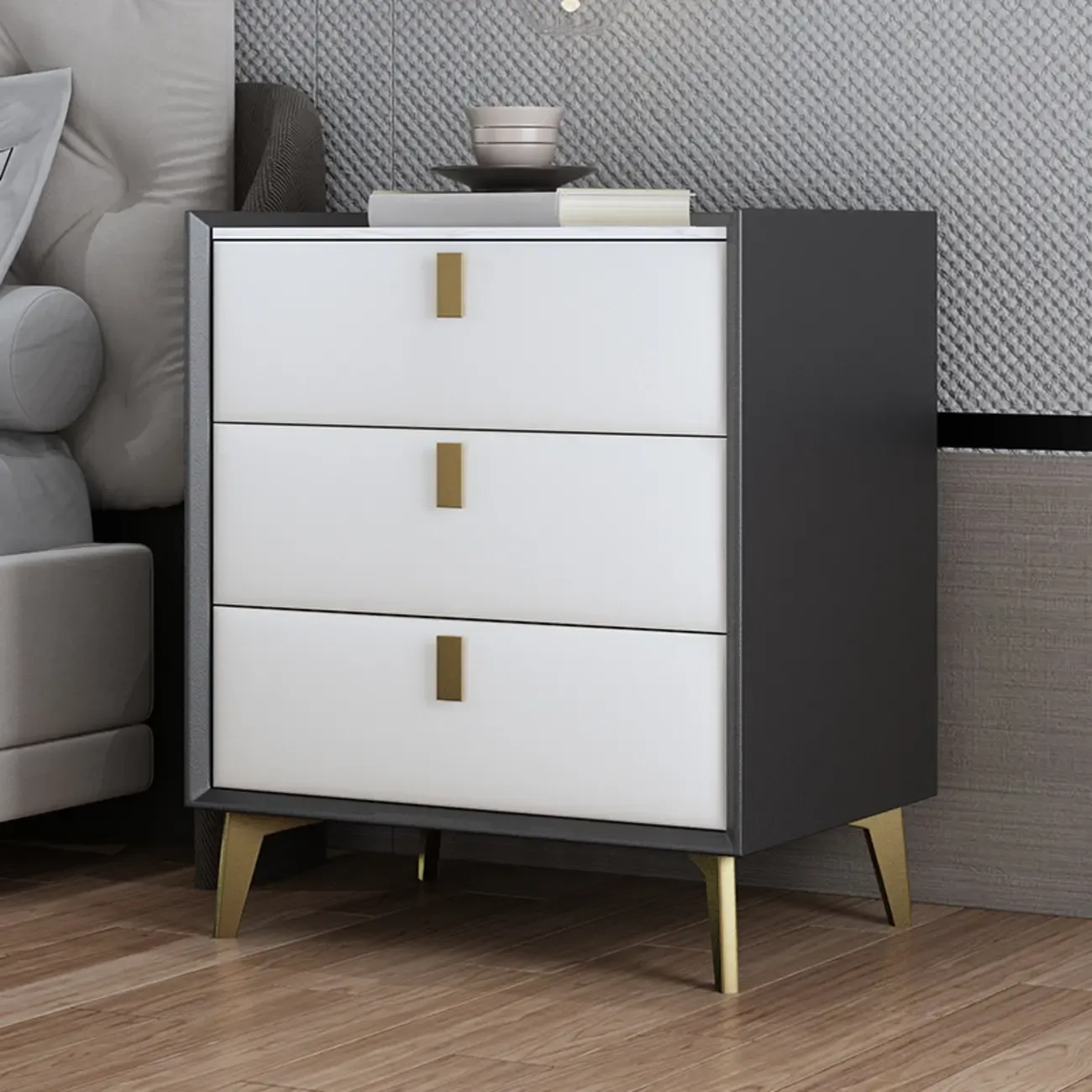 Modern Gray Bedside Table with Stone Countertop 3 Drawers Image - 12