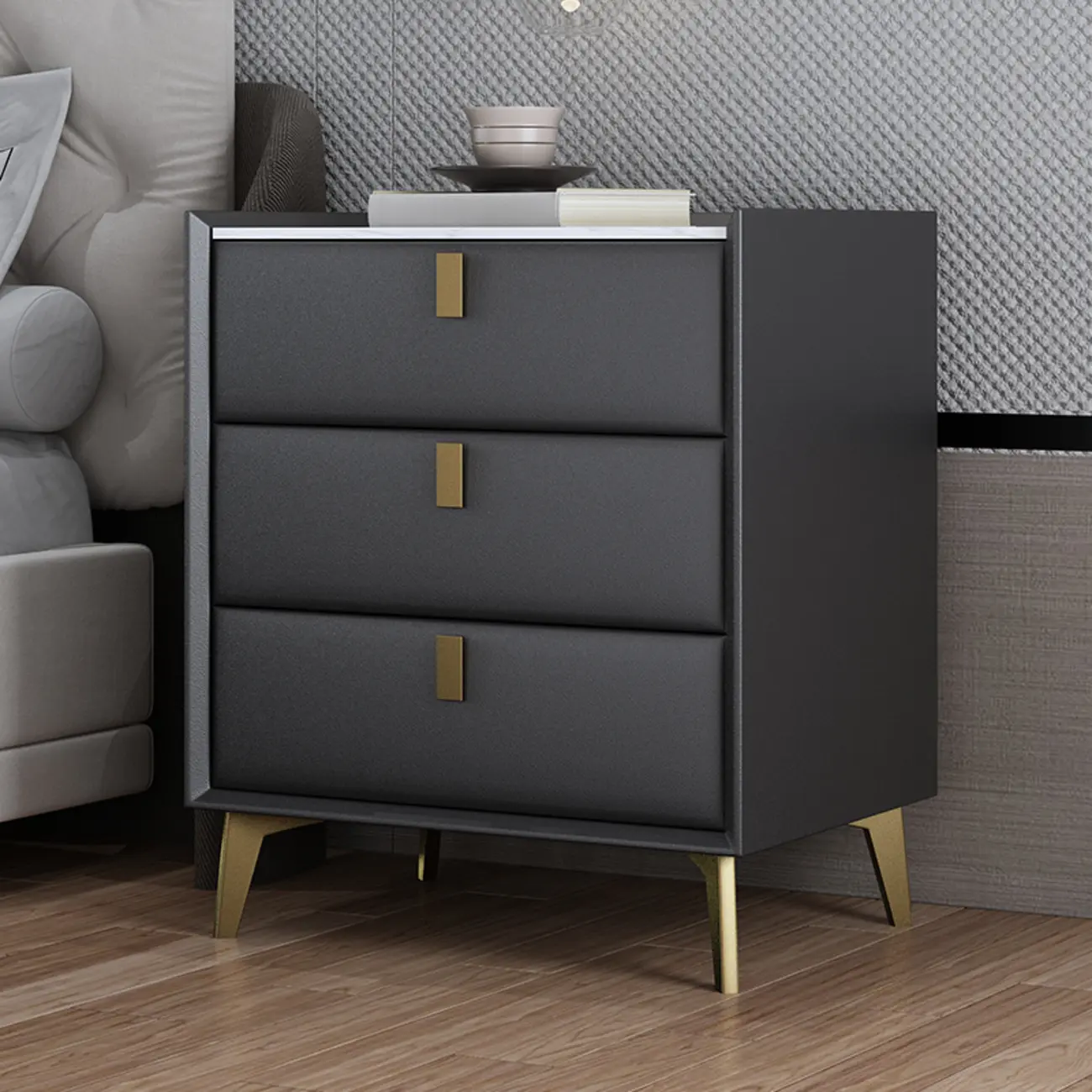 Modern Gray Bedside Table with Stone Countertop 3 Drawers Image - 14 | homeyfad