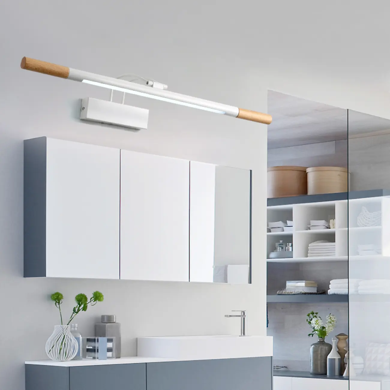 Modern White LED Bathroom Vanity Light with Wood Accent Image - 1 | homeyfad