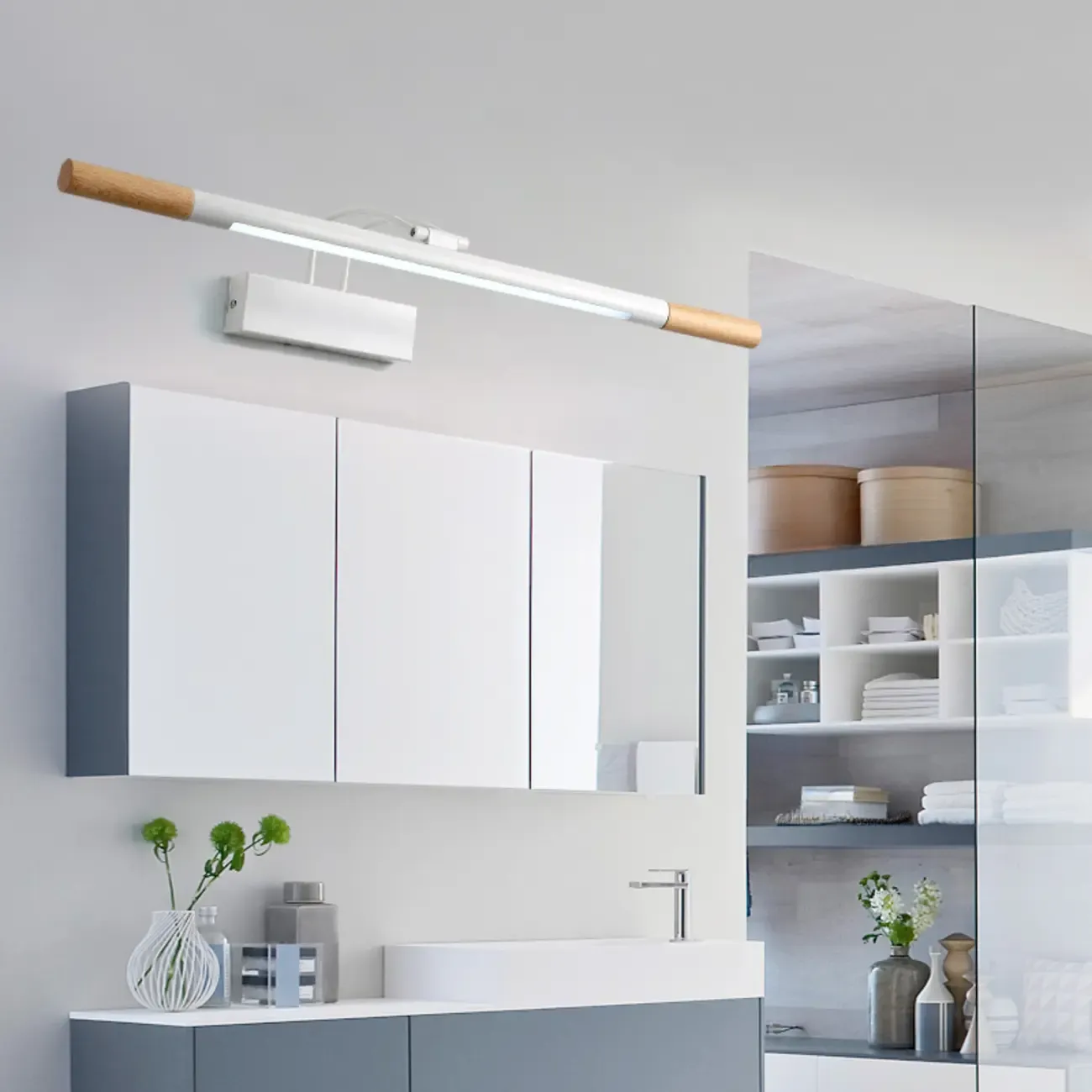 Modern White LED Bathroom Vanity Light with Wood Accent Image - 1