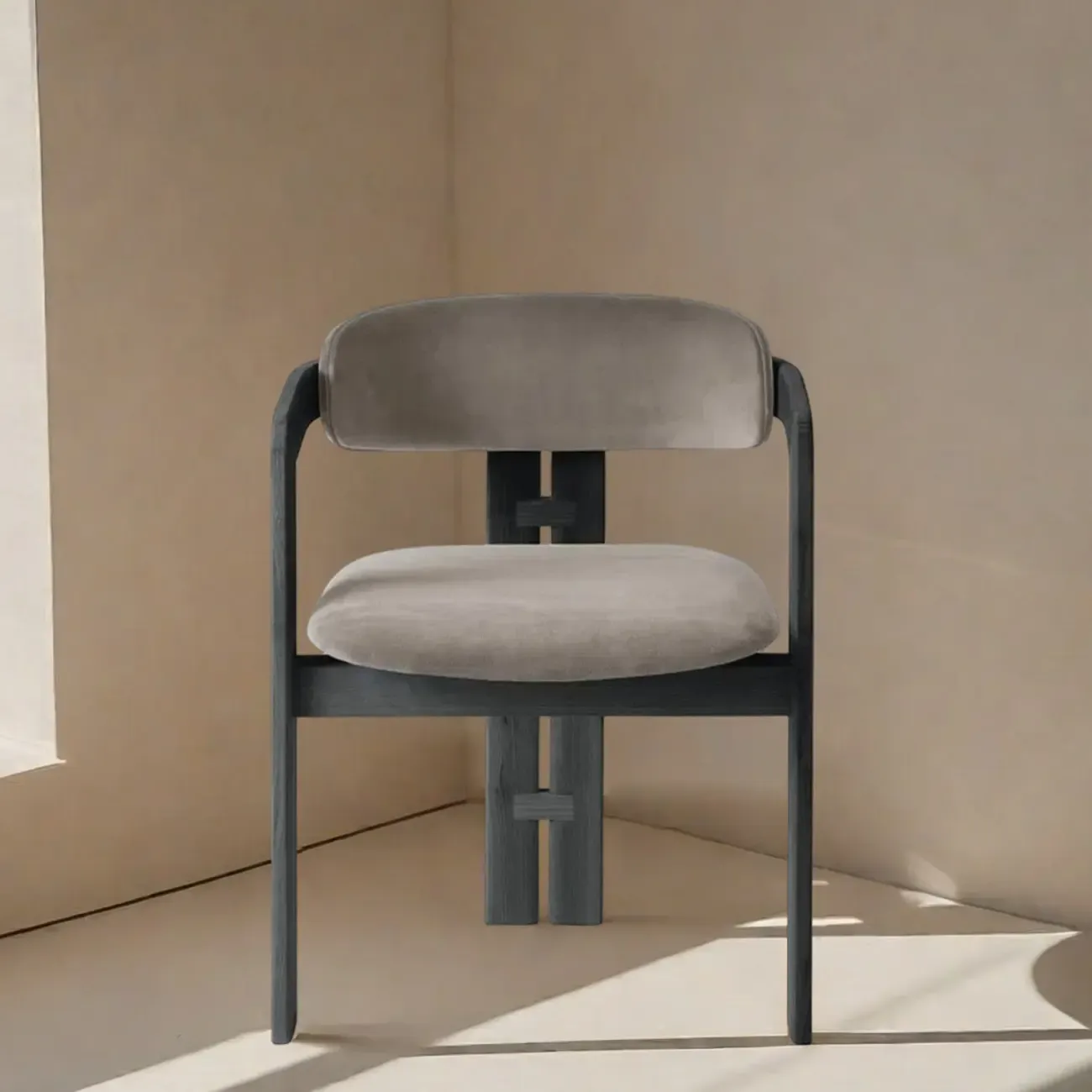 Scandinavian Tripod Chair with Arm in Grey Fabric Upholstered  Image - 1