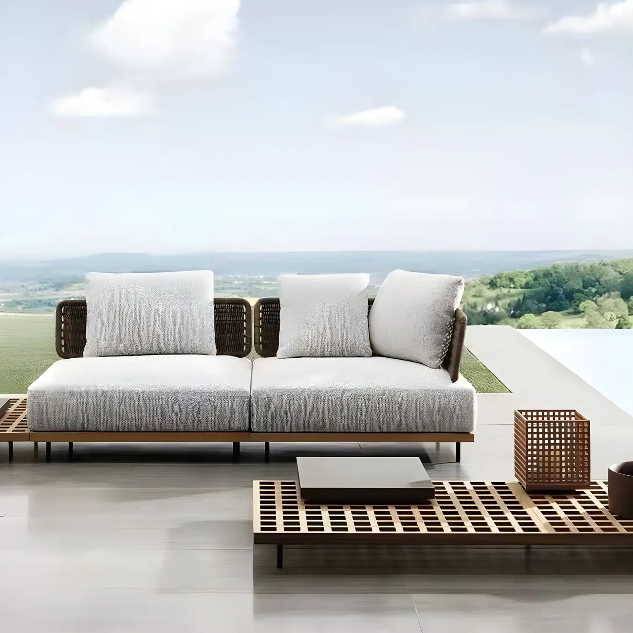 Modern Rattan WeavingOutdoor Sofa with Wood Base Image - 7 | homeyfad