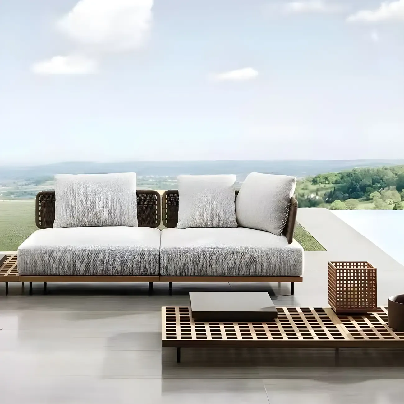 Modern Rattan WeavingOutdoor Sofa with Wood Base Image - 7