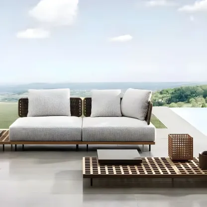 Modern Rattan WeavingOutdoor Sofa with Wood Base Image - 7