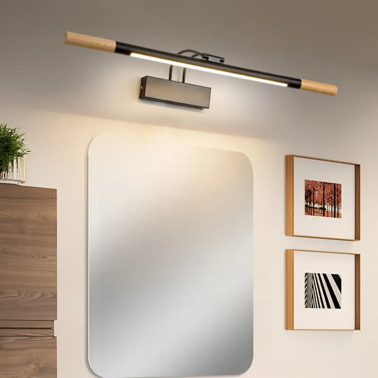 Modern White LED Bathroom Vanity Light with Wood Accent Image - 2