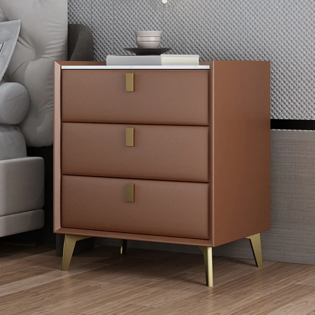 Modern Gray Bedside Table with Stone Countertop 3 Drawers Image - 16