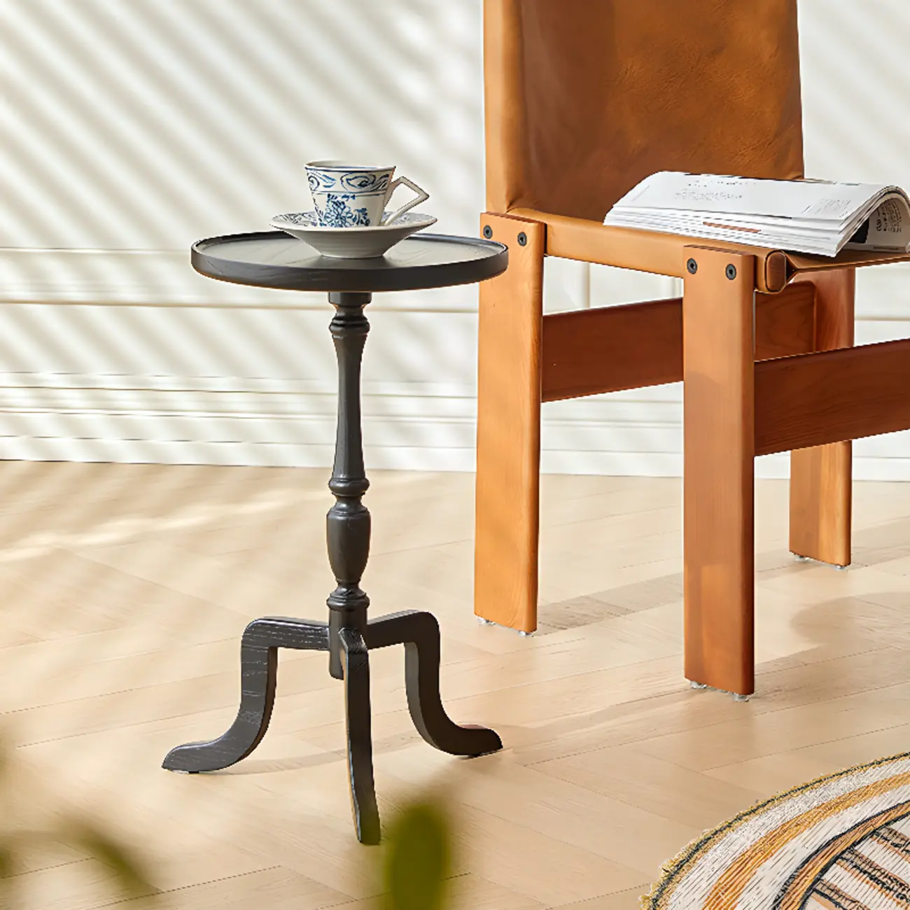 Wooden Tripod Round End Table with Tray Top for Living Room Image - 4 | homeyfad