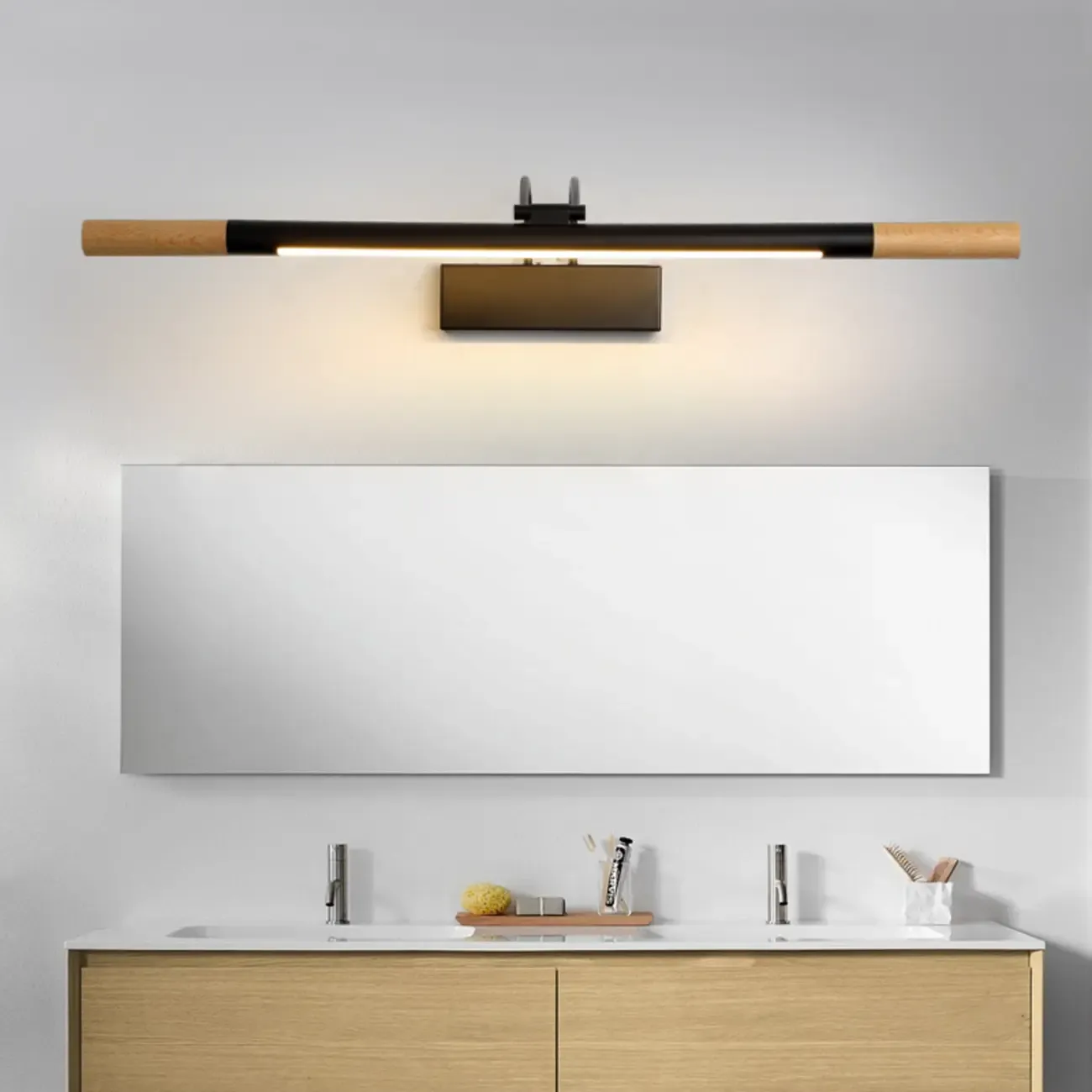 Modern White LED Bathroom Vanity Light with Wood Accent Image - 3
