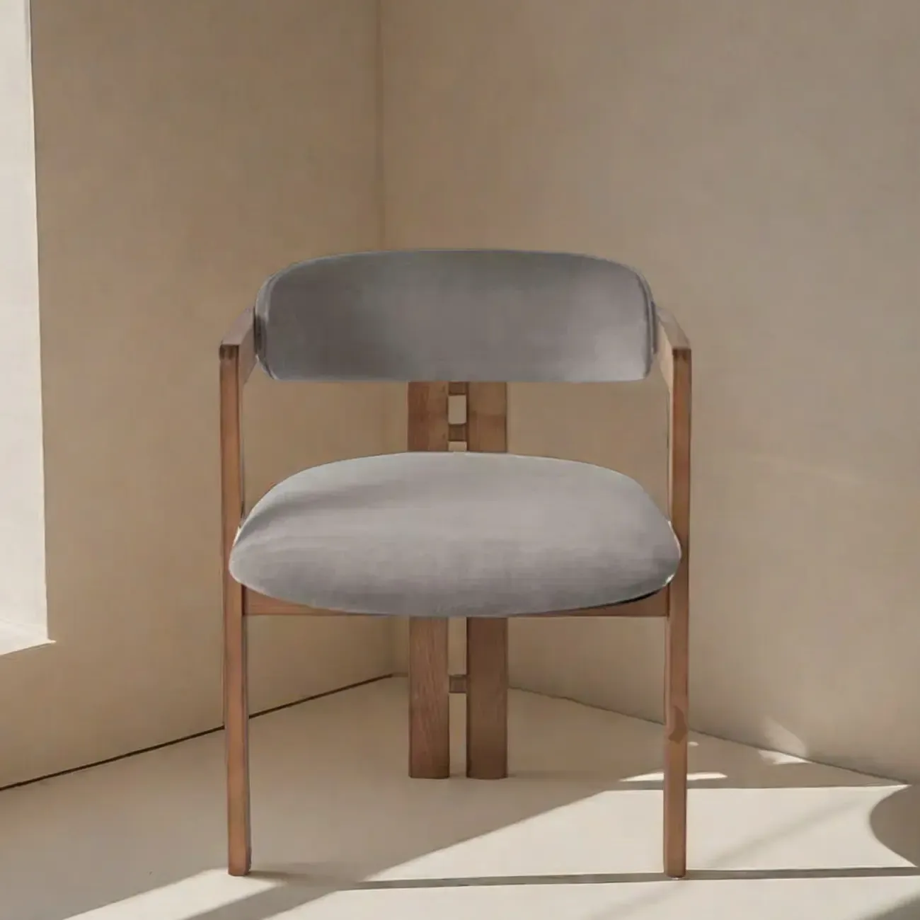 Scandinavian Tripod Chair with Arm in Grey Fabric Upholstered Image - 3