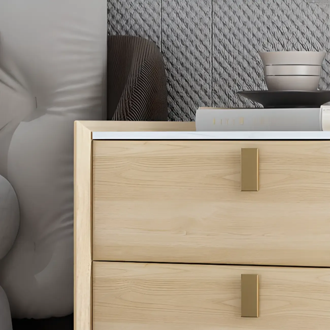 Modern Gray Bedside Table with Stone Countertop 3 Drawers Image - 17