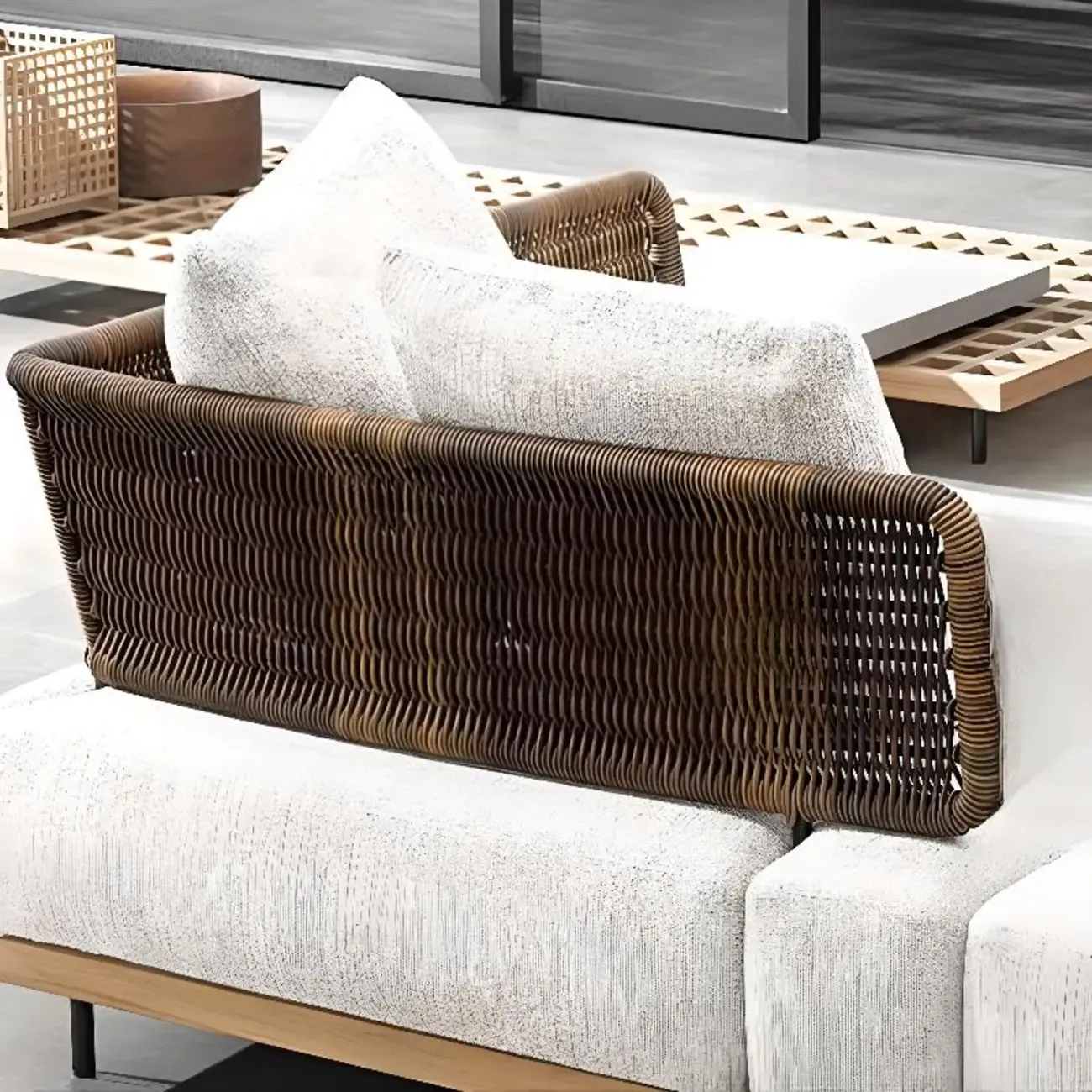 Modern Rattan WeavingOutdoor Sofa with Wood Base Image - 9
