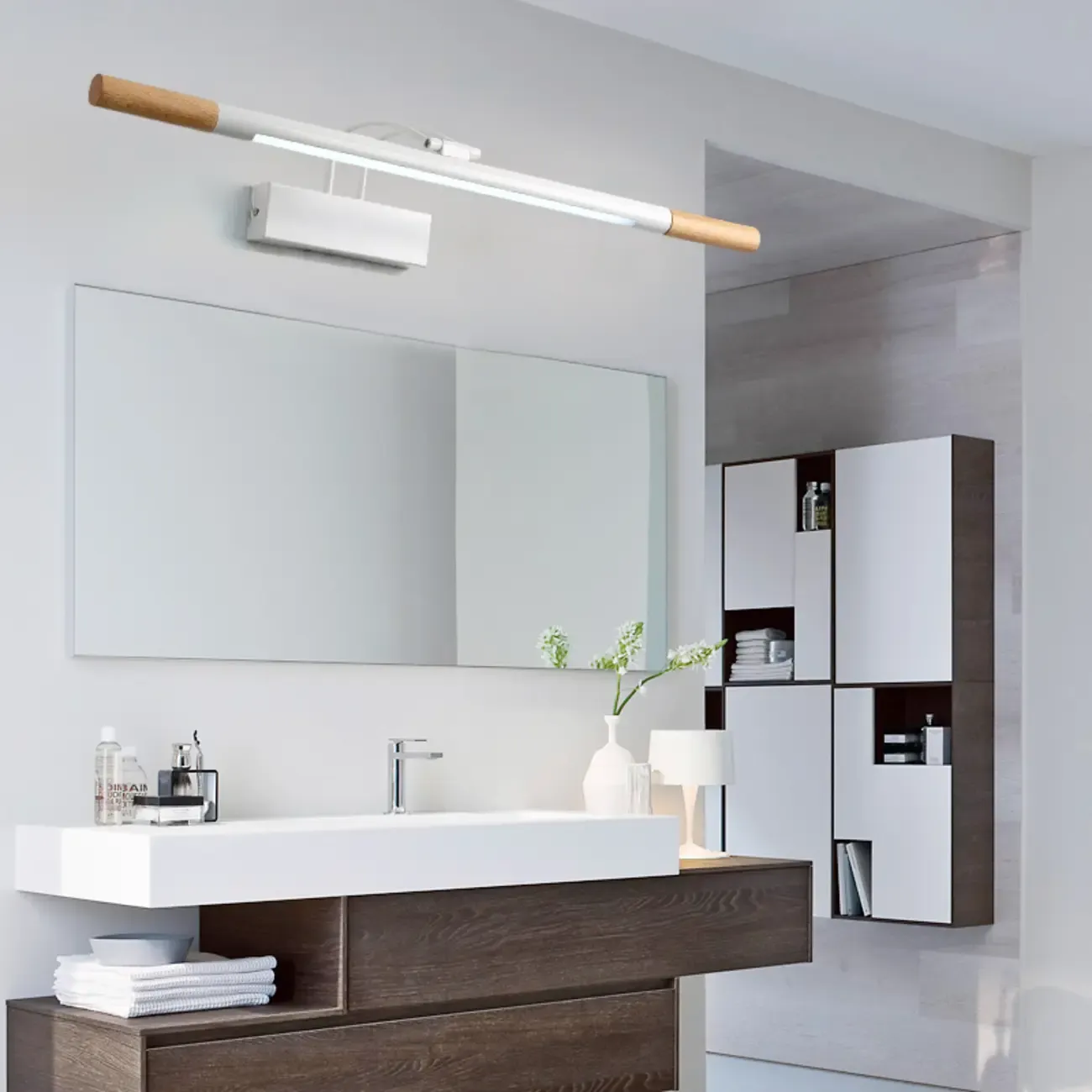 Modern White LED Bathroom Vanity Light with Wood Accent Image - 4