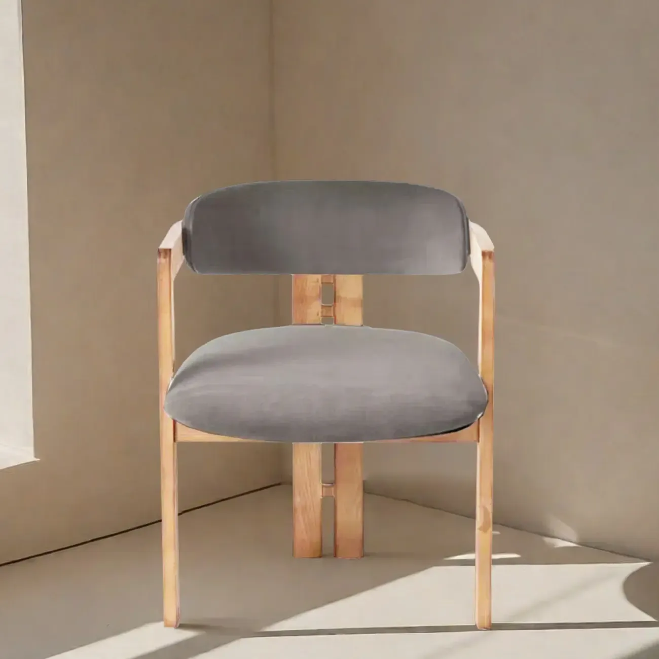 Scandinavian Tripod Chair with Arm in Grey Fabric Upholstered Image - 4