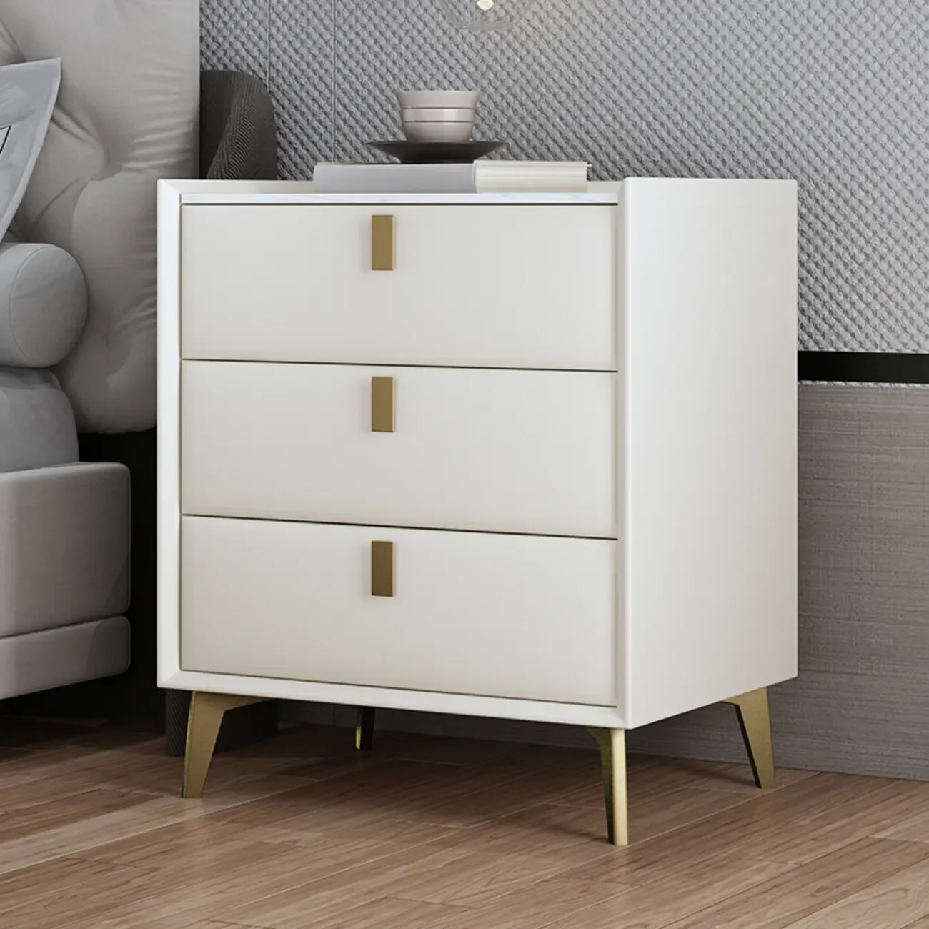Modern Gray Bedside Table with Stone Countertop 3 Drawers Image - 18