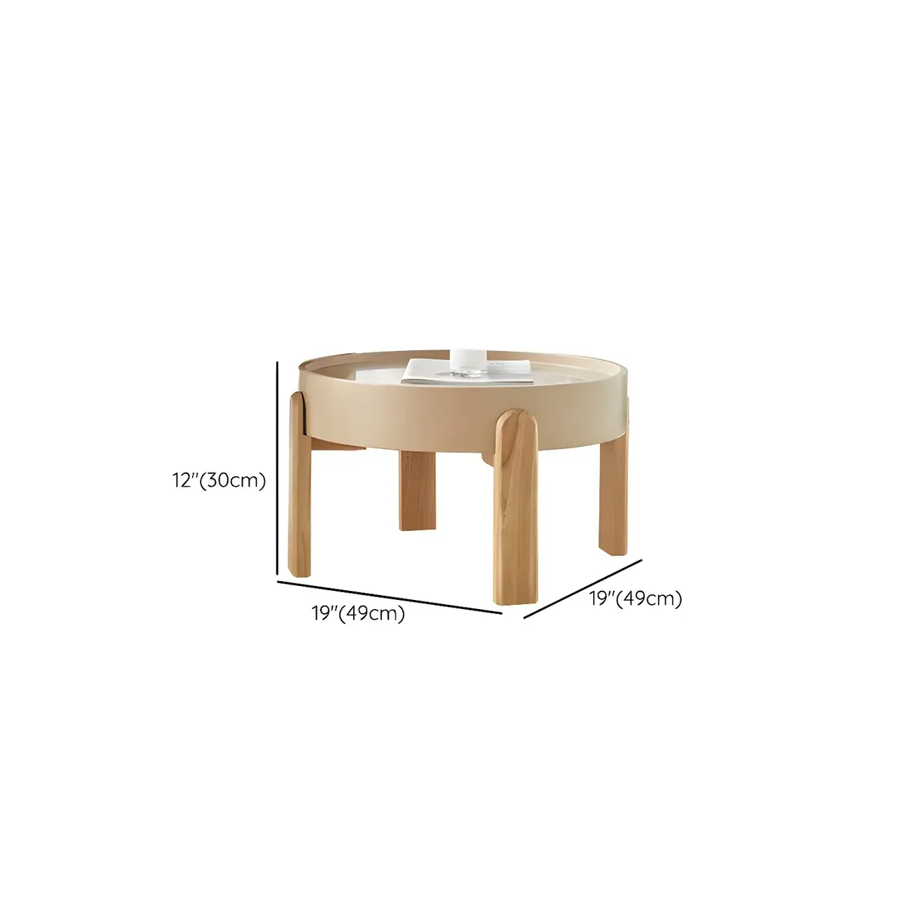 Minimalistic Beige Wood Round Coffee Table with Tray Top   #size
