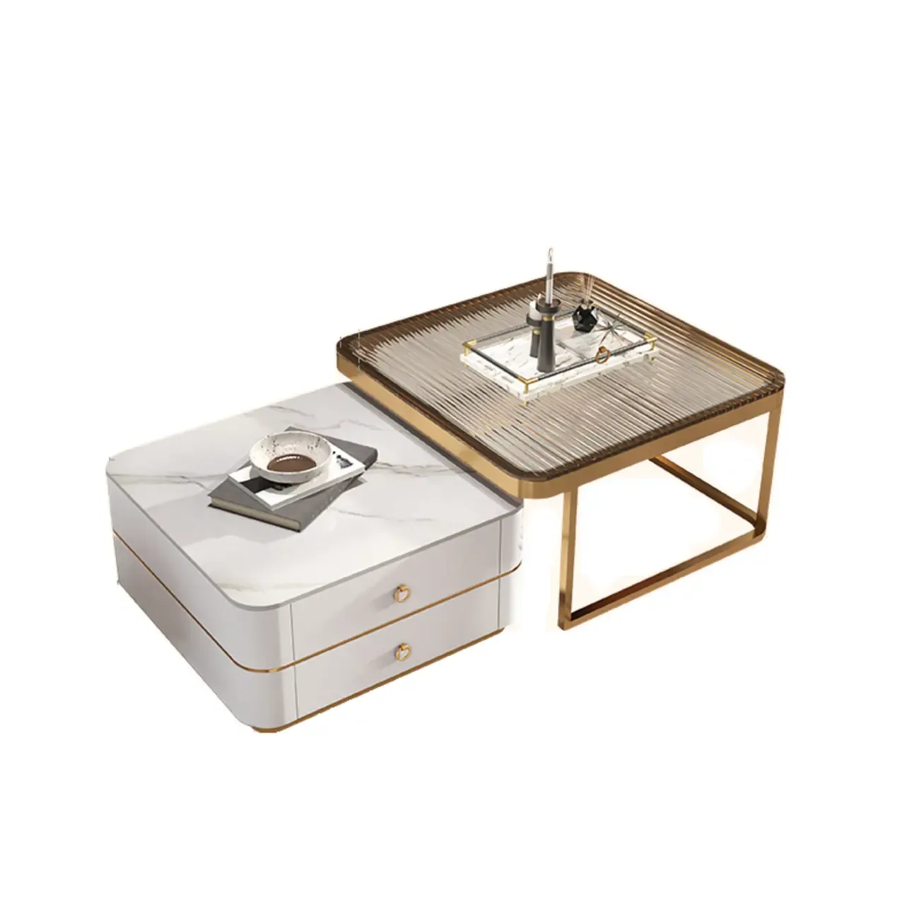 Modern White 2 Nesting Coffee Table Set with Storage Image - 5