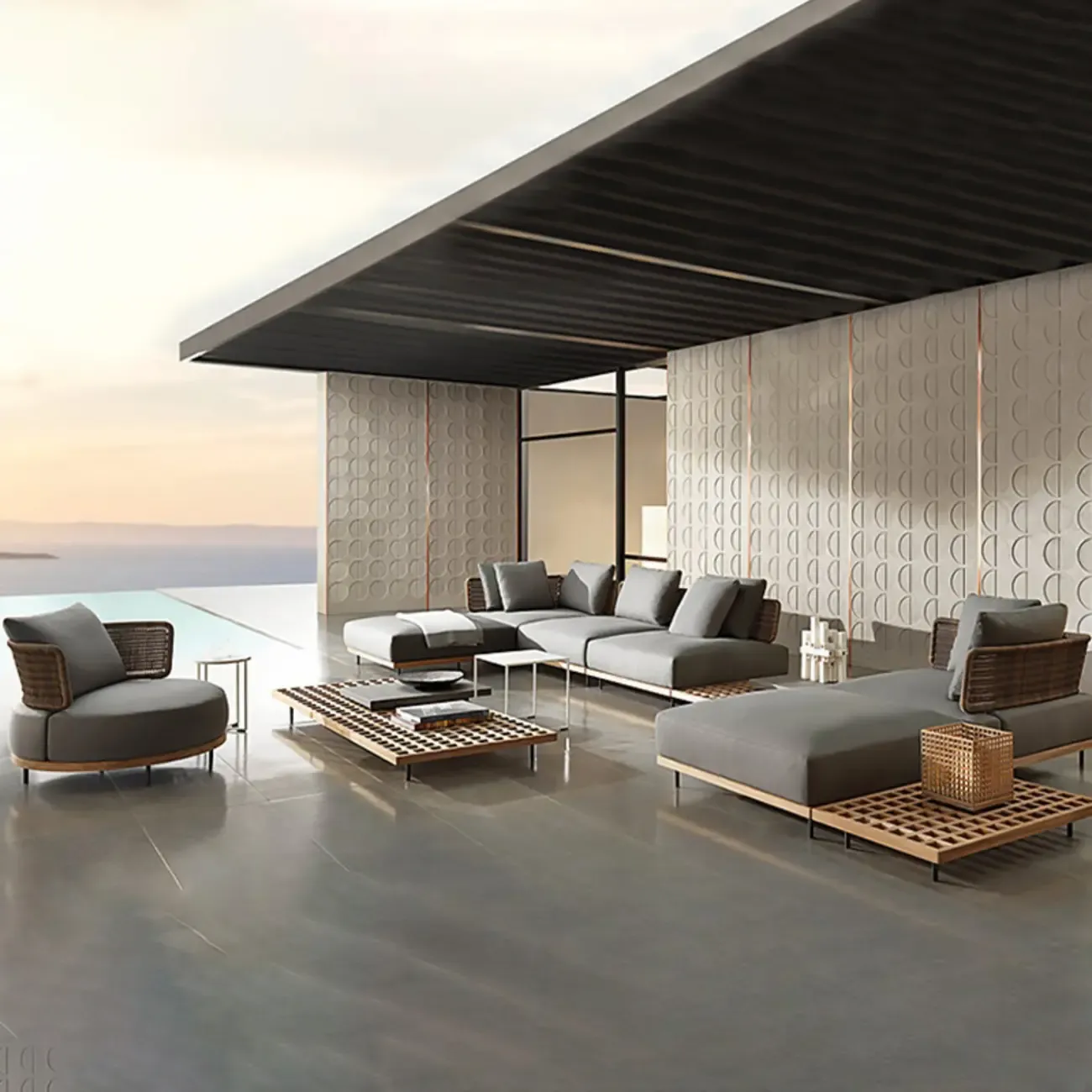 Modern Rattan WeavingOutdoor Sofa with Wood Base Image - 11