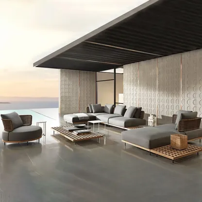 Modern Rattan WeavingOutdoor Sofa with Wood Base Image - 11