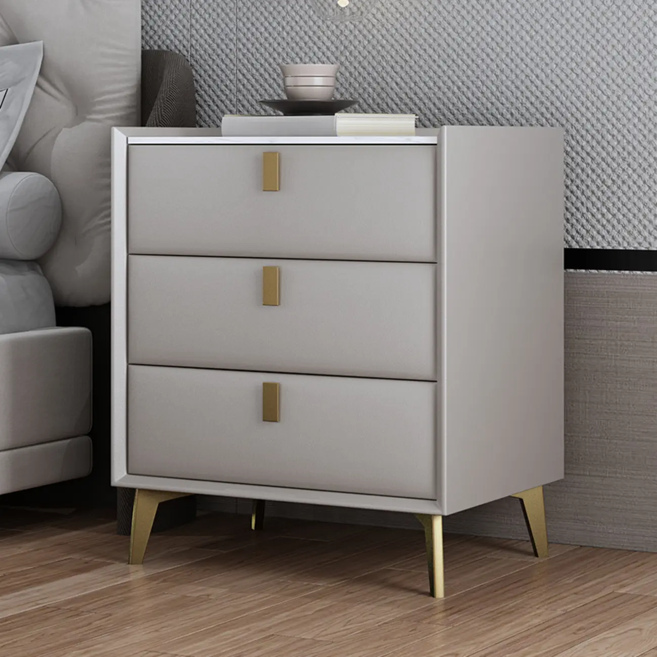 Modern Gray Bedside Table with Stone Countertop 3 Drawers Image - 20 | homeyfad