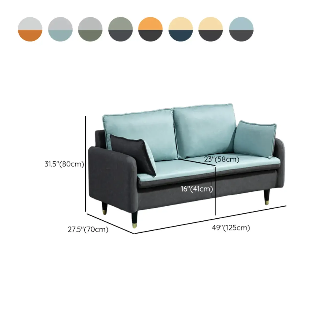 Minimalist Upholstery Loveseat Sofa in Mint Green with Pillows #size