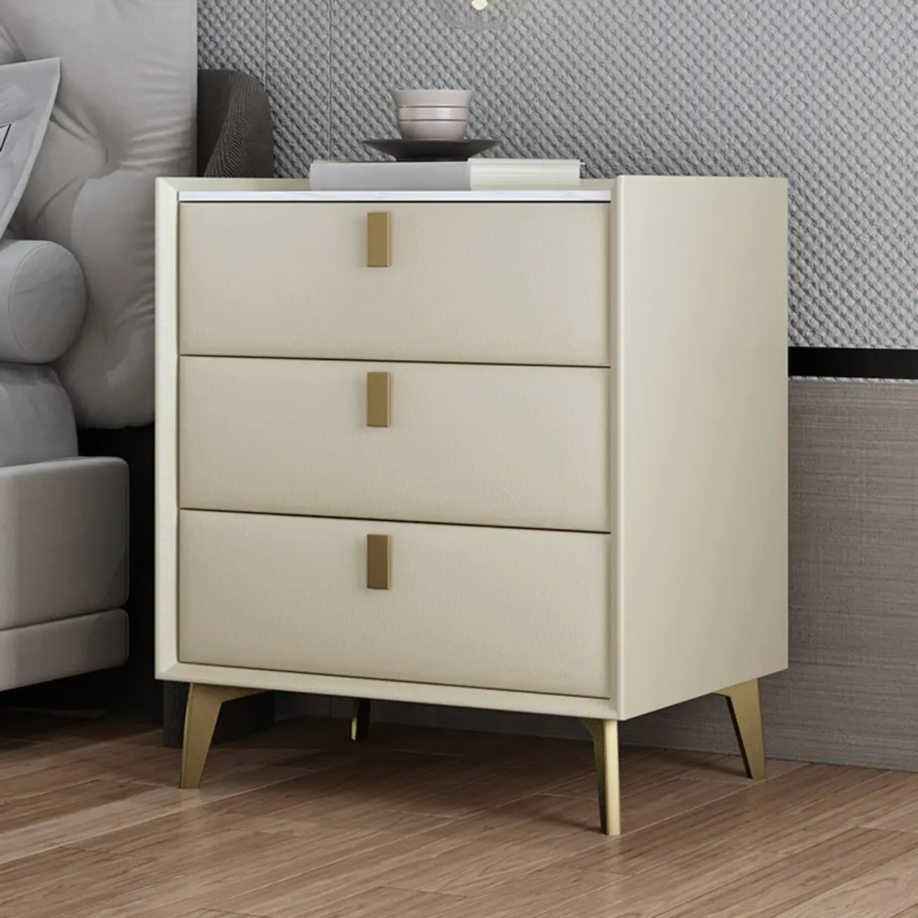 Modern Gray Bedside Table with Stone Countertop 3 Drawers Image - 21