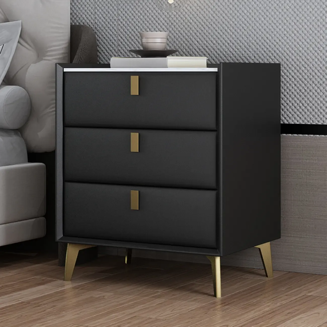 Modern Gray Bedside Table with Stone Countertop 3 Drawers Image - 22