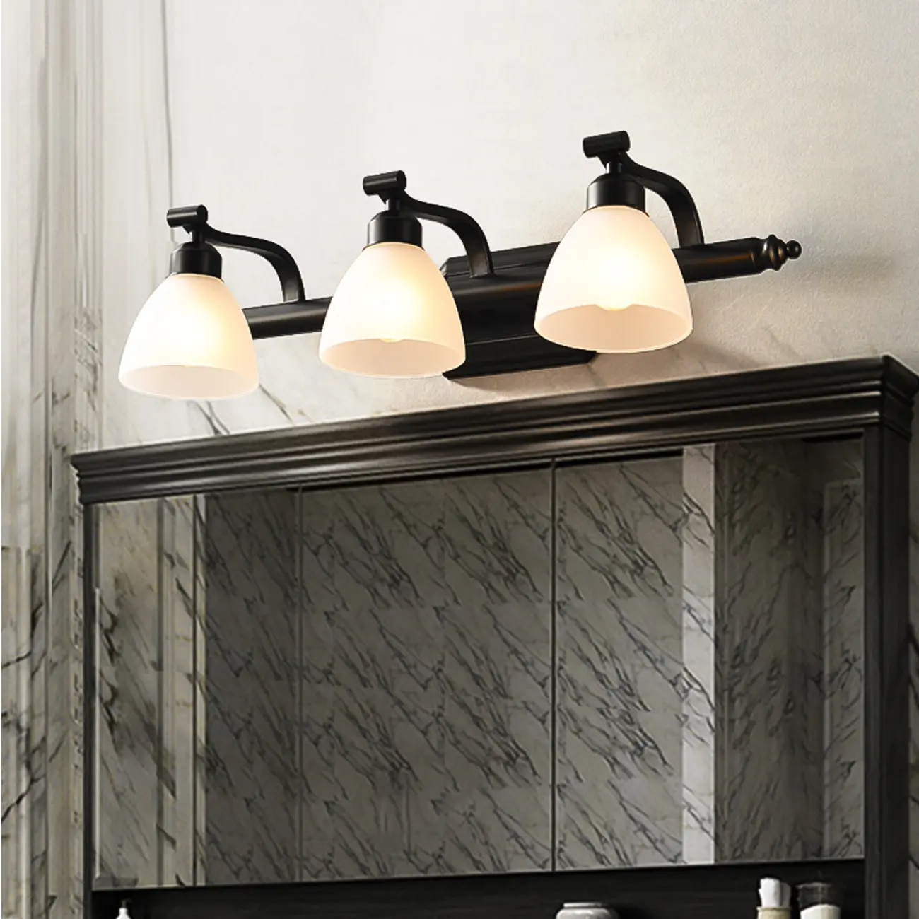 Retro Black 3 heads Vanity Light with White Glass Shades for Bathroom Image - 1 | homeyfad
