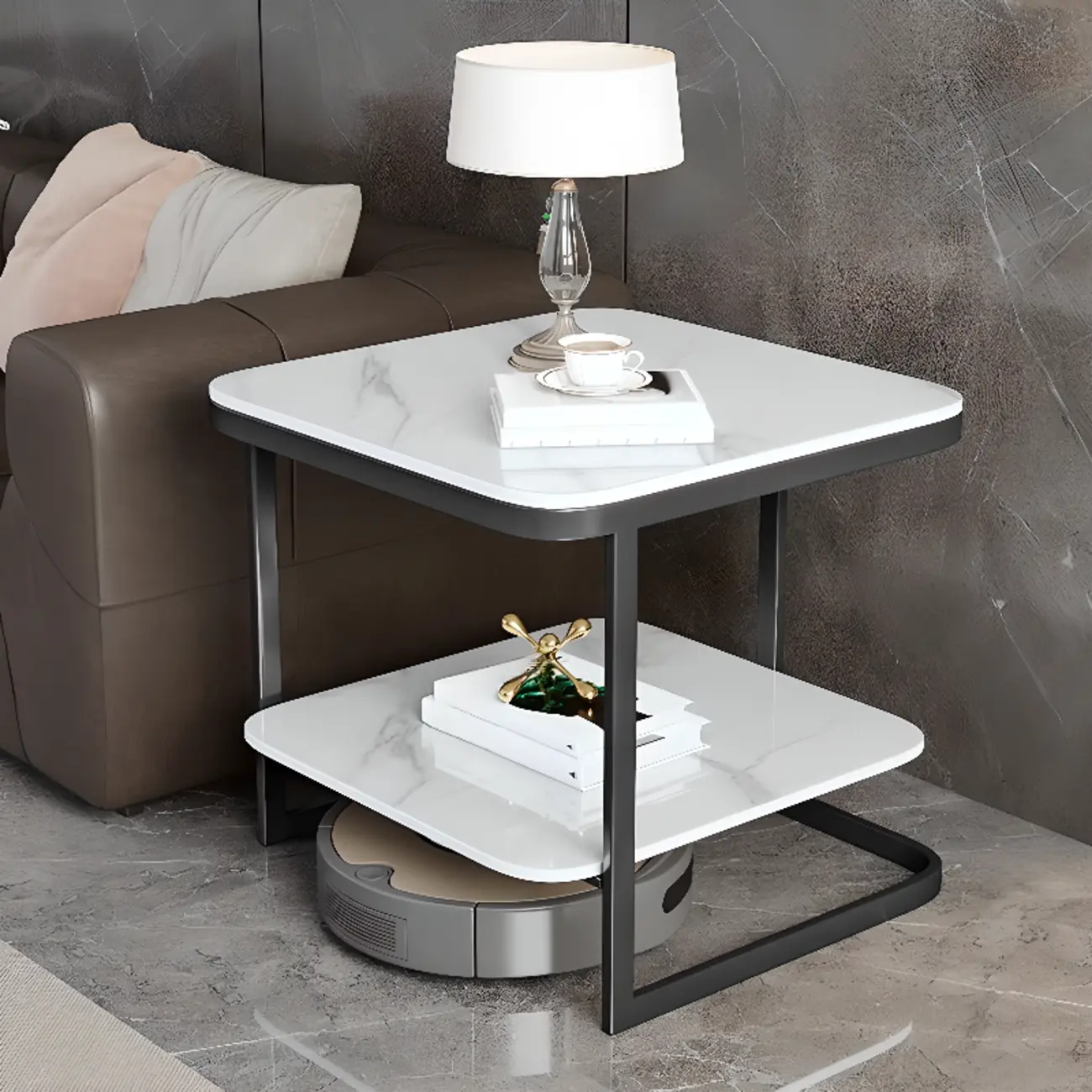 2-Tier C-Shaped White Stone Side Table with Shelf Image - 1 | homeyfad