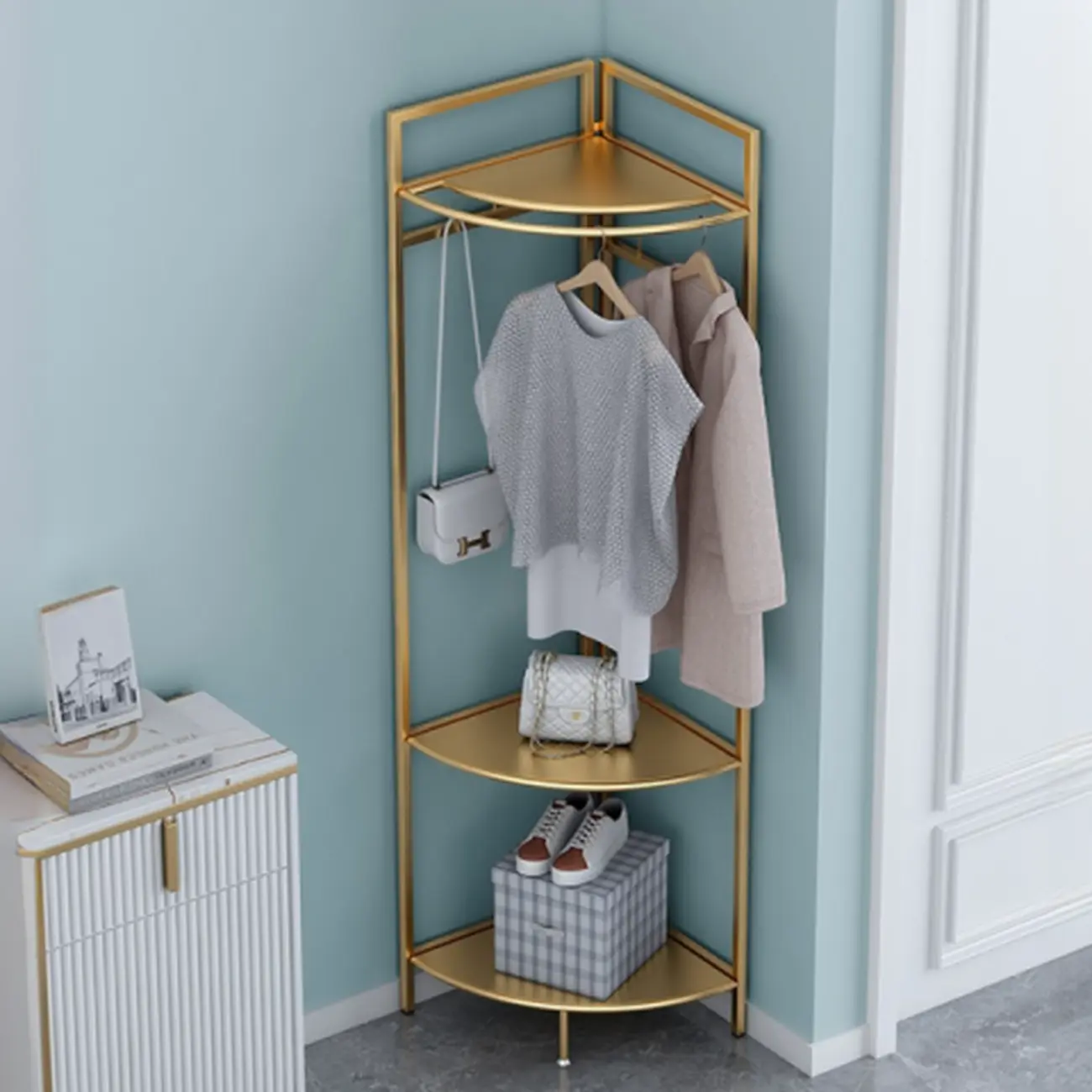 Modern Gold Metal Corner Hall Tree with Shelves Image - 1 | homeyfad