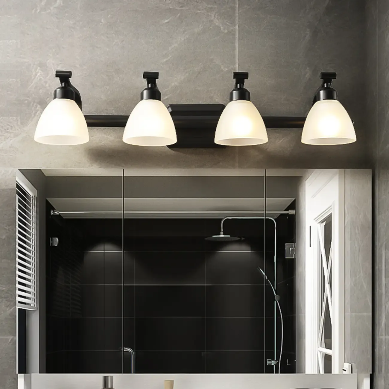 Retro Black 3 heads Vanity Light with White Glass Shades for Bathroom Image - 2