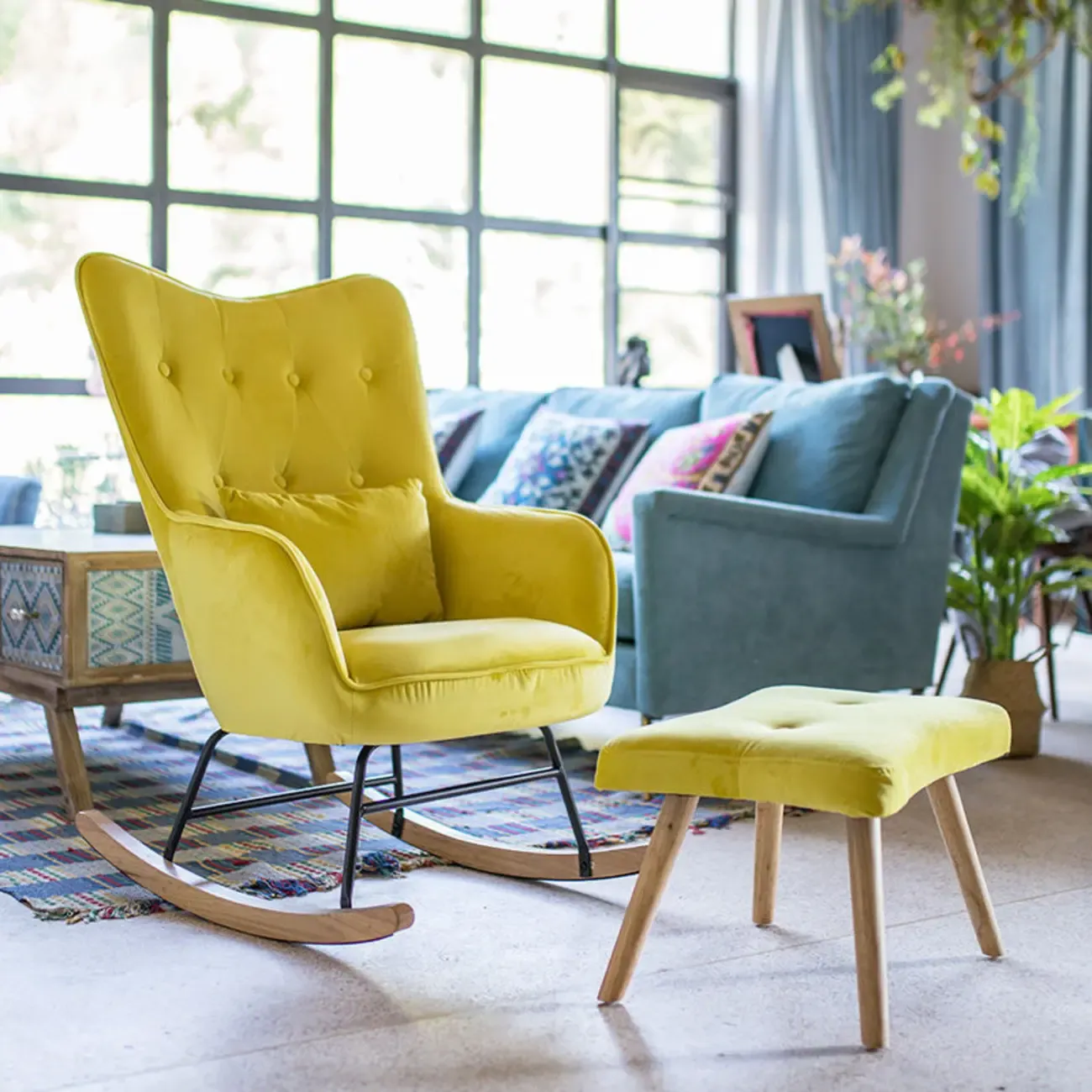 Ergonomic Upholstered Wingback Rocking Chair with Pillow Image - 2
