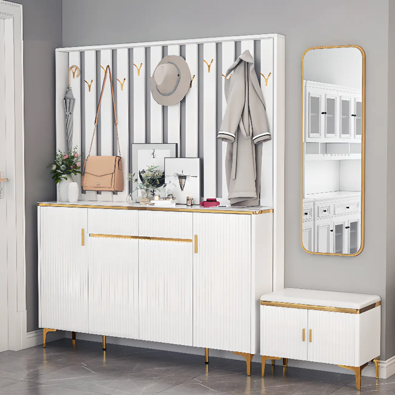 Free Standing Wooden Hall Tree with Shoe Storage and Bench Image - 1 | homeyfad