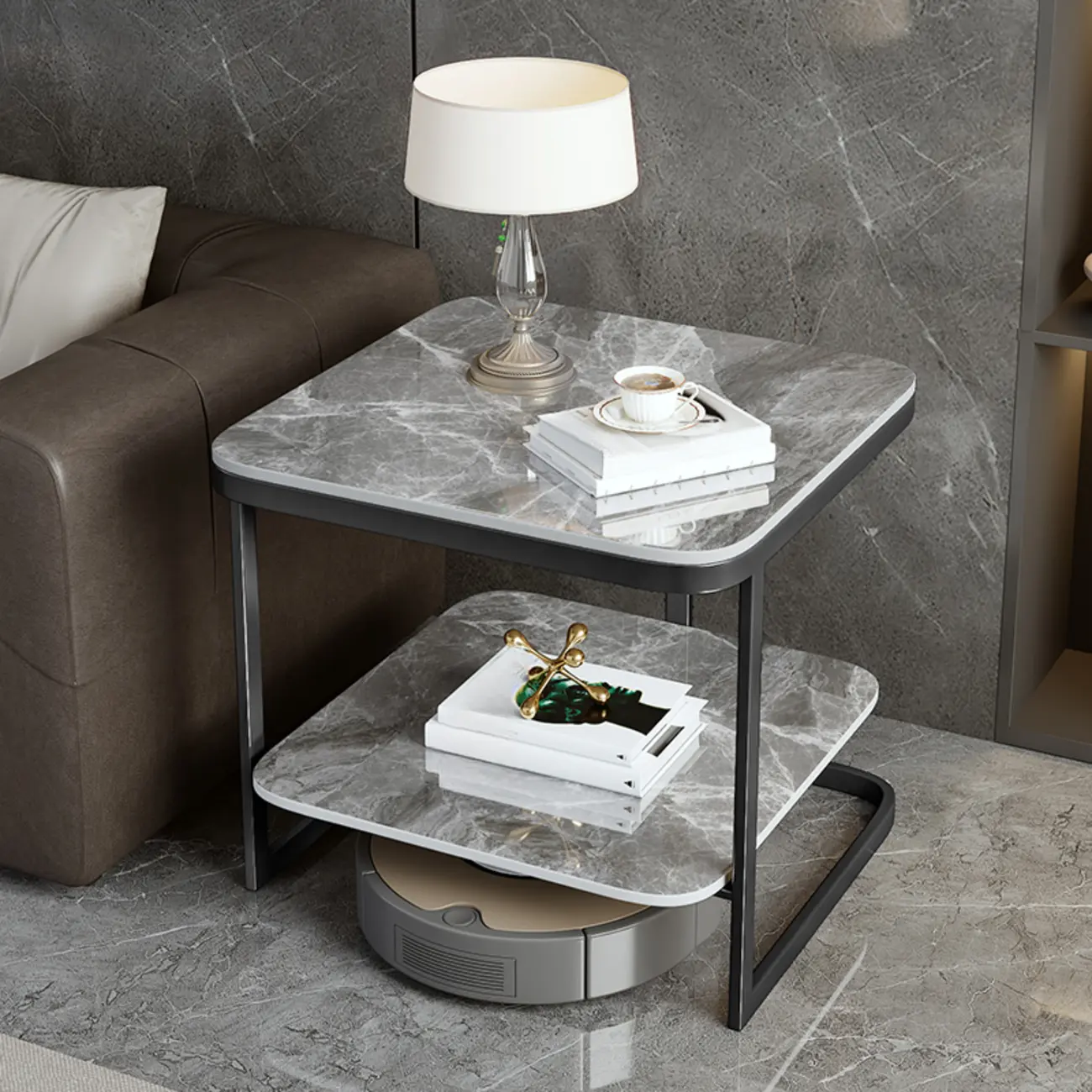 2-Tier C-Shaped White Stone Side Table with Shelf Image - 2 | homeyfad