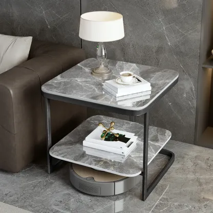2-Tier C-Shaped White Marble Side Table with Shelf Image - 2