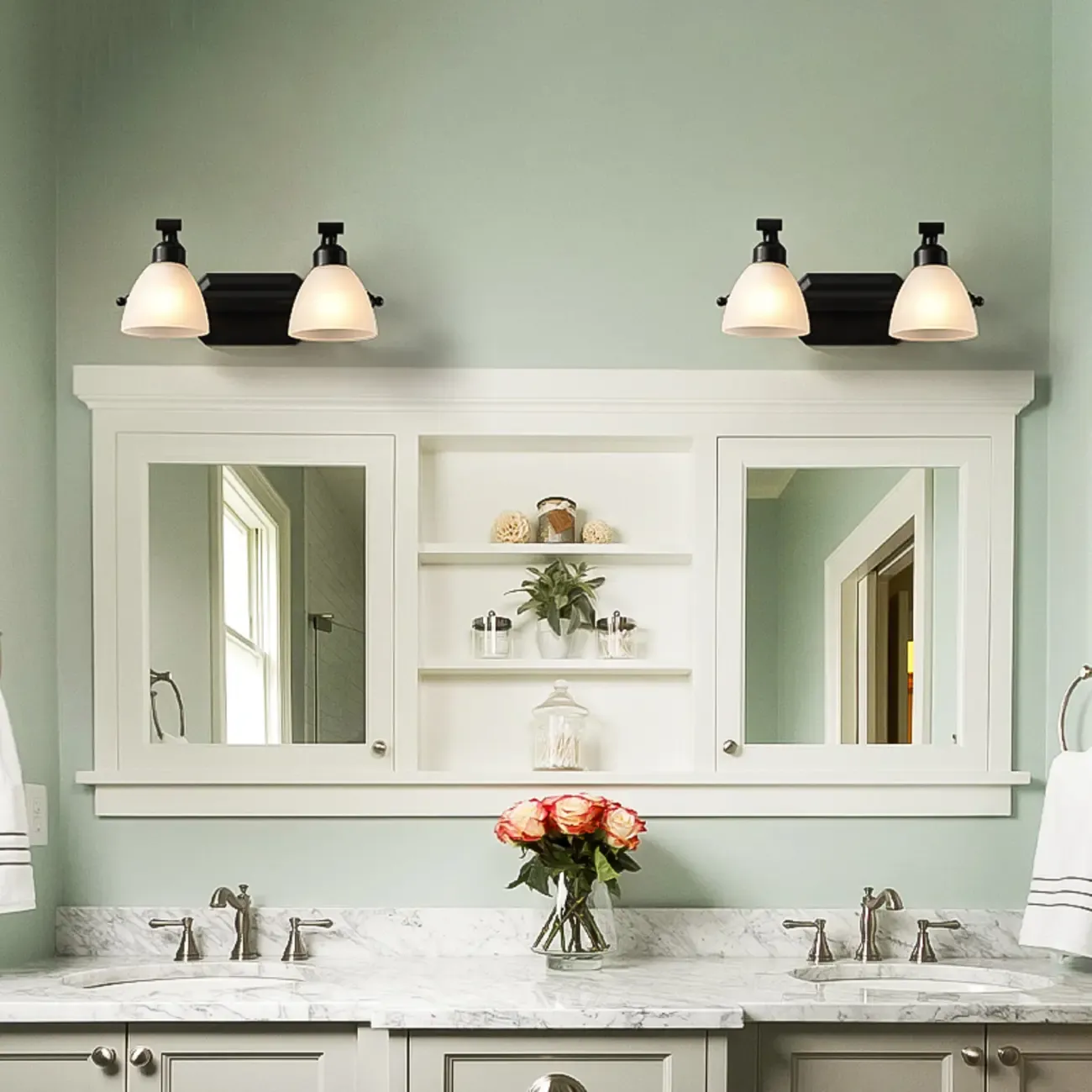 Retro Black 3 heads Vanity Light with White Glass Shades for Bathroom Image - 3
