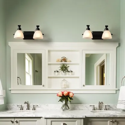 Retro Black 3 heads Vanity Light with White Glass Shades for Bathroom Image - 3