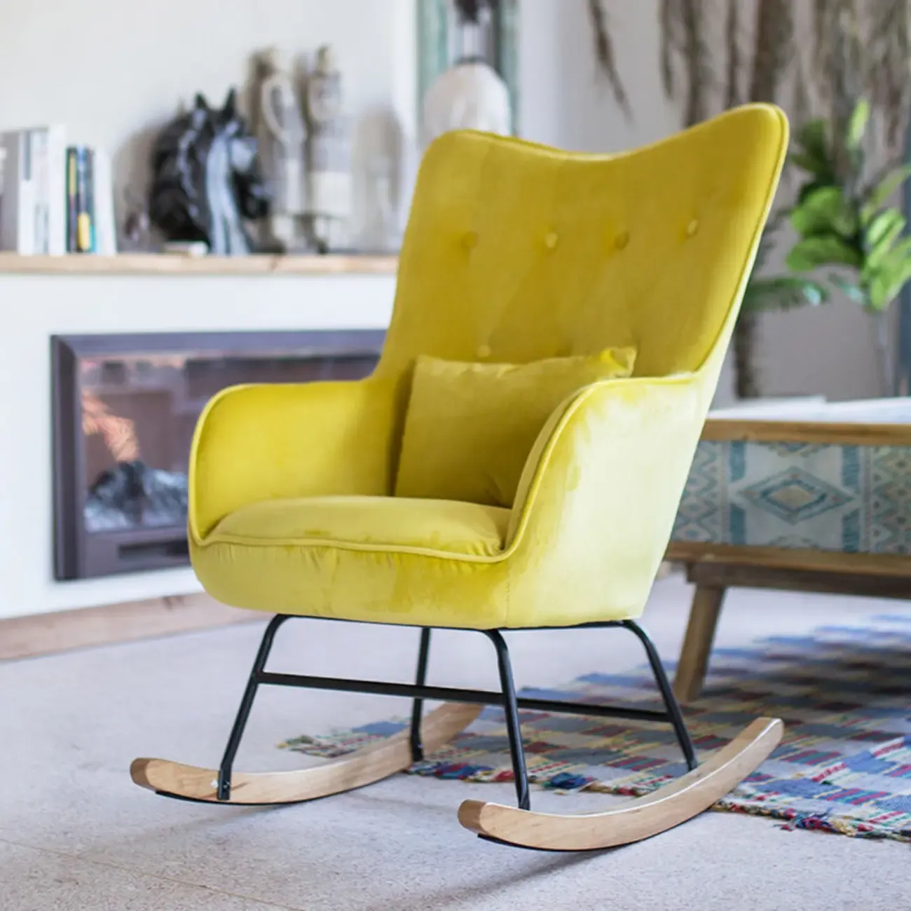 Ergonomic Upholstered Wingback Rocking Chair with Pillow Image - 3
