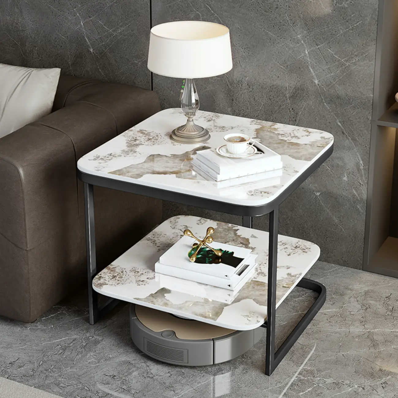 2-Tier C-Shaped White Marble Side Table with Shelf Image - 3 | homeyfad