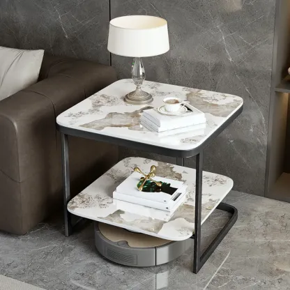 2-Tier C-Shaped White Marble Side Table with Shelf Image - 3