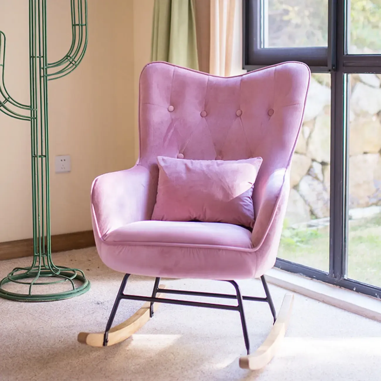 Ergonomic Upholstered Wingback Rocking Chair with Pillow Image - 4