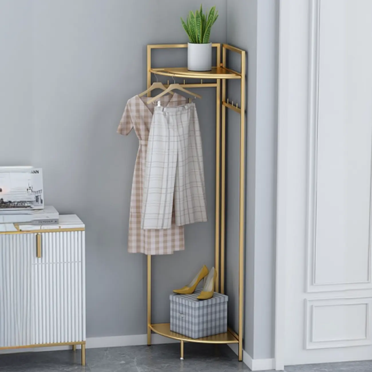 Modern Gold Metal Corner Hall Tree with Shelves Image - 4 | homeyfad