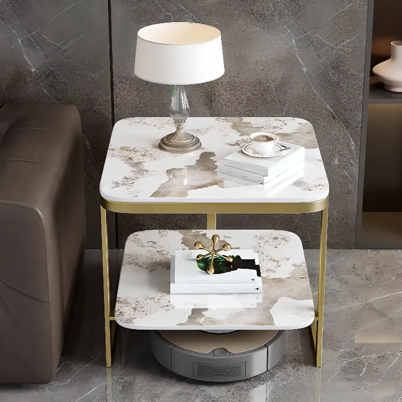 2-Tier C-Shaped White Marble Side Table with Shelf Image - 4 | homeyfad