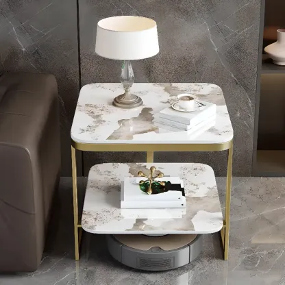 2-Tier C-Shaped White Marble Side Table with Shelf Image - 4